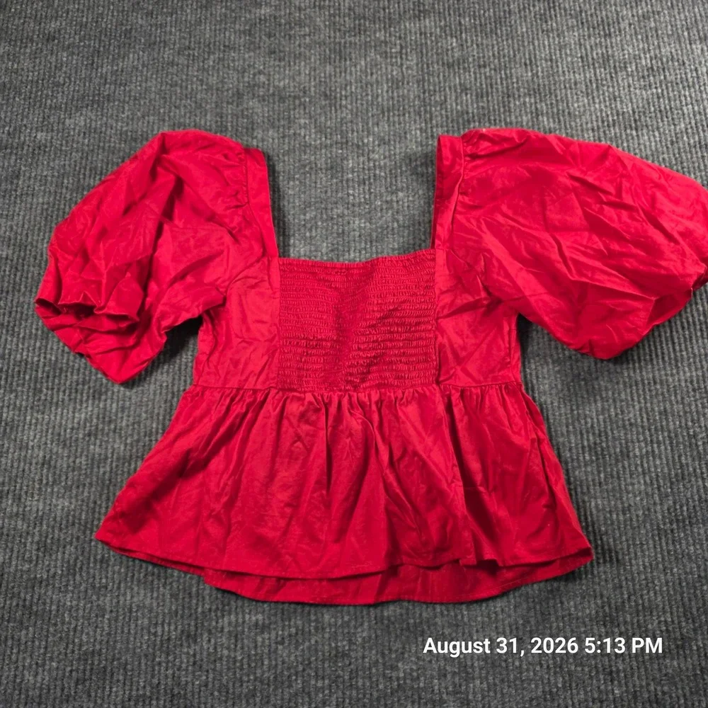 Old Navy Womens Red Puff Sleeve Smocked Back Babydoll Peplum Blouse Top Size M